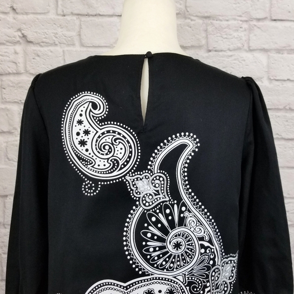 Tibi black white paisley print shift style 3/4 sleeve mini dress women's size 10 - Picture 4 of 9